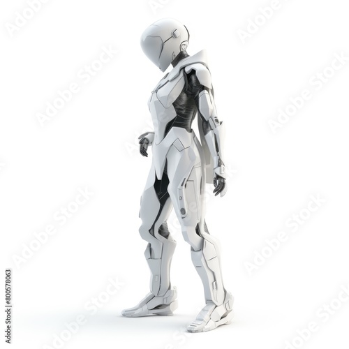 A metallic 3D character in Notion style, with a futuristic outfit and robotic features, standing on a white background