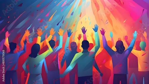 A group of individuals are raising their hands. Vibrant Illustration. human rights. AI-generated picture