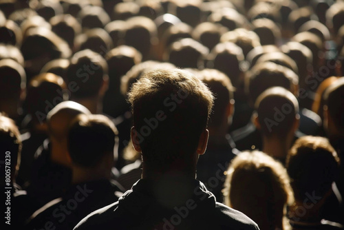 A person standing still in a bustling crowd, representing calm and composure in leadership   photo