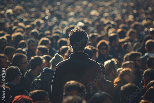 A person standing still in a bustling crowd, representing calm and composure in leadership   photo