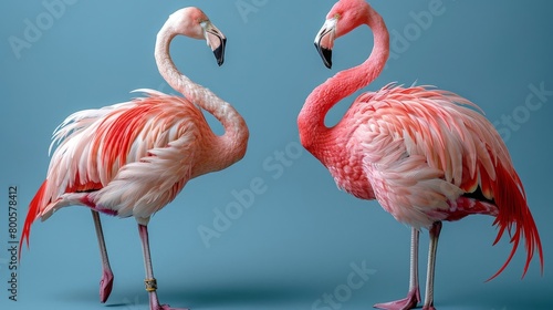two flamingos standing next to each other on a blue background