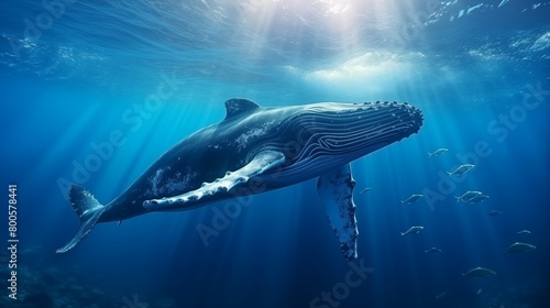 Majestic humpback whale swimming in blue ocean waters.