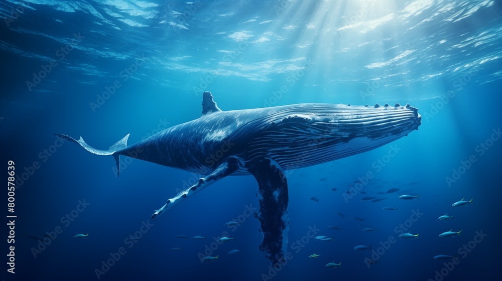 Obraz premium Majestic humpback whale swimming in the deep blue sea.