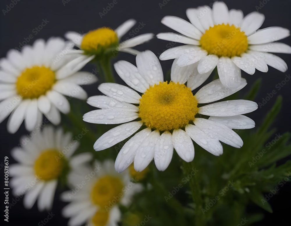 Obraz premium Dew-Covered White Daisies Blooming Against a Dark Background in Early Morning