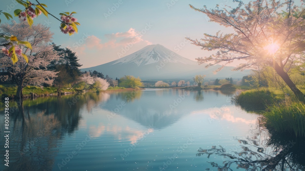 A tranquil riverside scene with Mount Fuji reflected in the calm waters, creating a picture-perfect reflection of Japan's natural beauty.