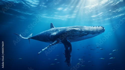 Majestic humpback whale swimming in the deep blue sea. photo