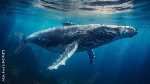 Majestic humpback whale swimming in blue ocean waters. © hamad