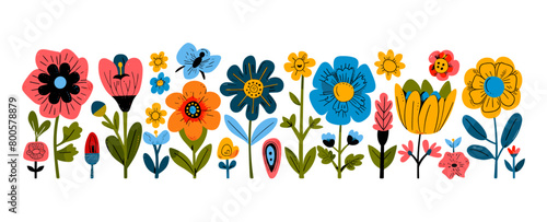 Hand drawn trendy Vector illustration, Various abstract Flowers. Set of colorful unique design elements. Sticker, poster, print templates. All elements are isolated. Floral patterns, artistic motifs.
