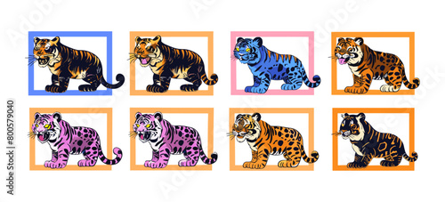 Hand drawn trendy Vector illustration of various abstract Tigers or leopards in unique, cartoon, quirky style. Funny characters isolated design elements for poster, print, sticker, tattoo, card