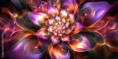Captivating digital flower radiates with iridescent hues and fluid, fractal patterns, symbolizing growth and the beauty of mathematical artistry