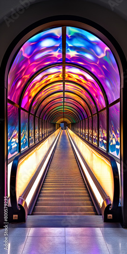 escalator travels through a vividly lit tunnel, its colors painting a journey through a futuristic and mesmerizing light spectrum