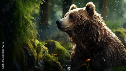 Majestic wet bear gazing in lush forest.