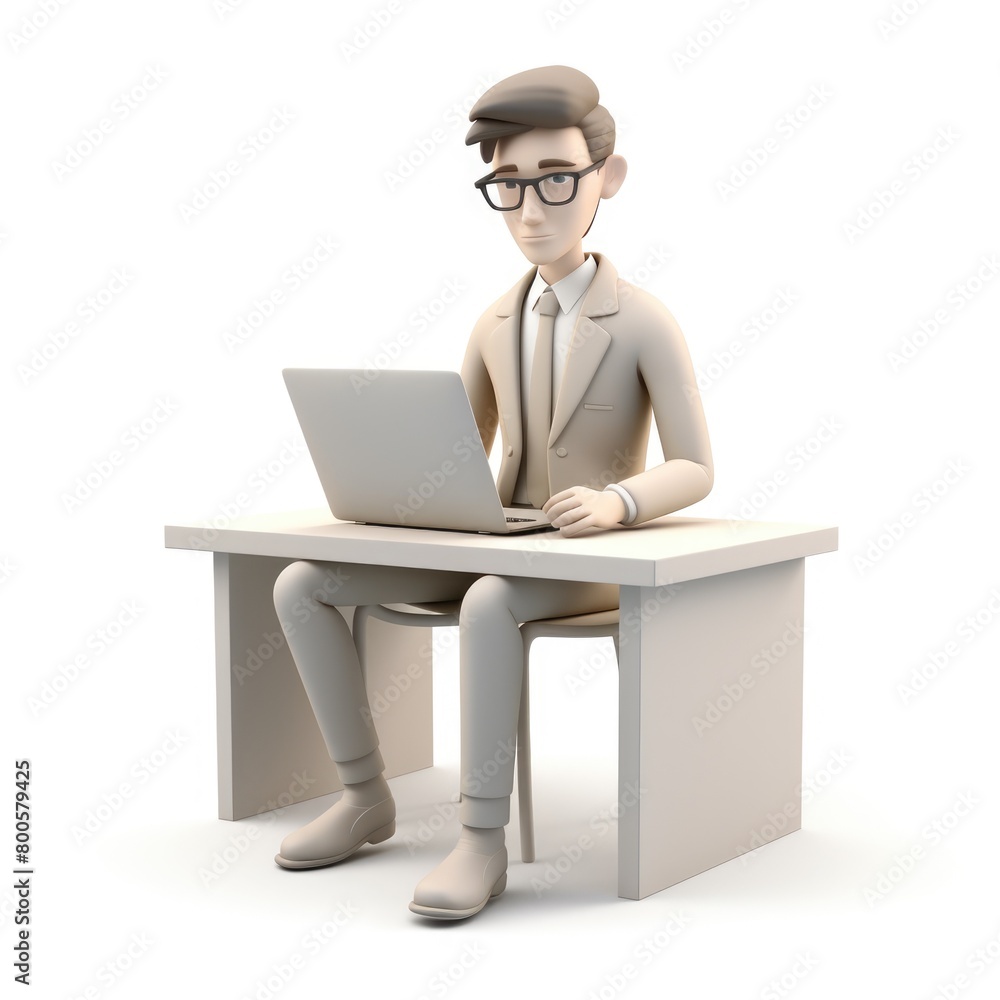 A closeup 3D character in Notion style, with a professional look and business attire, sitting at a desk on a white background A closeup 3D character in Notion style, with a professional look and business attire, sitting at a desk on a white background