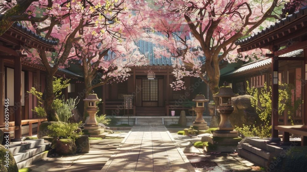 A tranquil temple courtyard adorned with sakura trees, offering a peaceful retreat amidst the bustle of city life.
