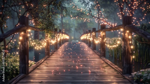 A tranquil twilight scene featuring a wooden footbridge adorned with fairy lights, creating a magical atmosphere for romantic encounters and quiet reflection. photo
