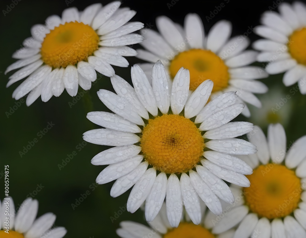 Obraz premium Dew-Covered White Daisies Blooming Against a Dark Background in Early Morning