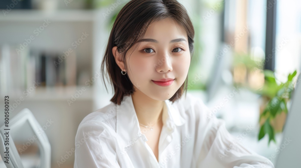 A sincere smile graces the composed face of a professional woman, illustrating her contentment and competence A sincere smile graces the composed face of a professional woman, illustrating her contentment and competence