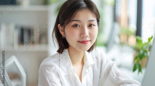 A sincere smile graces the composed face of a professional woman  illustrating her contentment and competence
