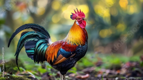 A full body portrait of a stunning colorful rooster with a bright red crest standing proudly in a natural environment photo