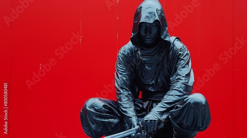 a man in a hooded jacket sitting on a stool with a sword