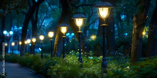 City Park Night SceneWi-Fi Powered Lamps Illuminating Walkway