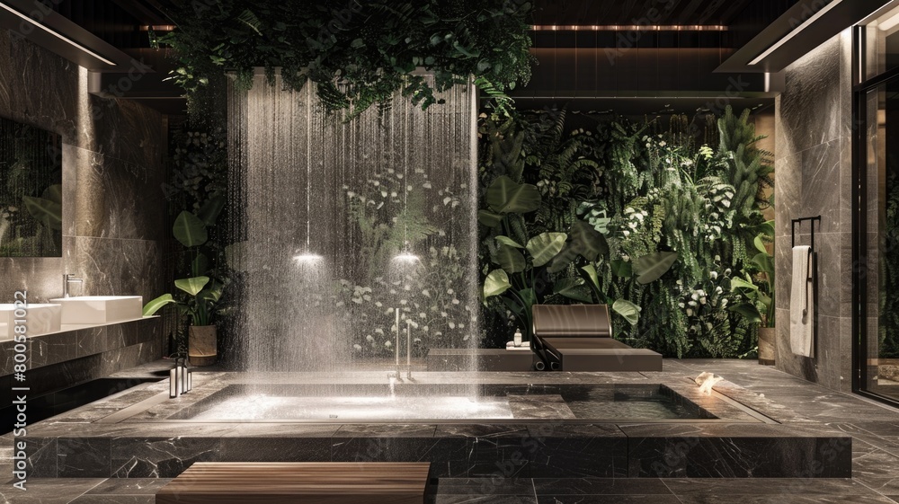 a modern spa bathroom with an integrated waterfall shower, where water flows over natural stones, offering a luxurious, nature-inspired experience a modern spa bathroom with an integrated waterfall shower, where water flows over natural stones, offering a luxurious, nature-inspired experience