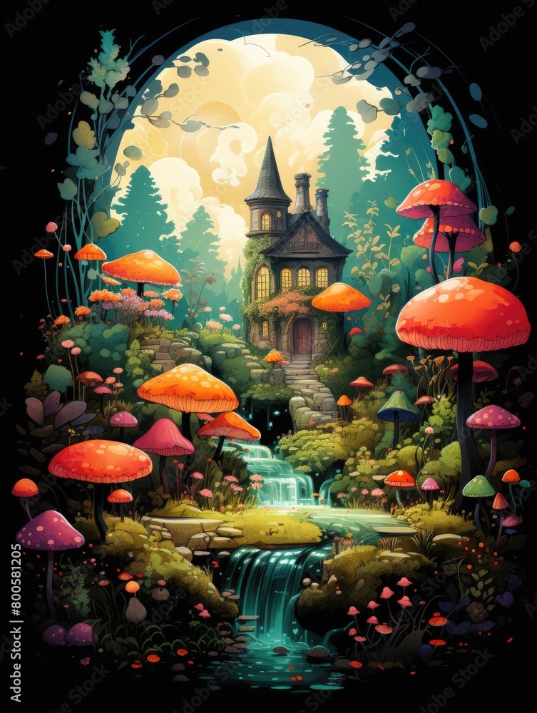 illustration a magical garden scene, with whimsical creatures and fantastical plants