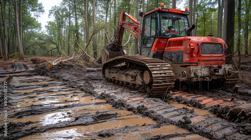 A red tracked forestry vehicle maneuvers through a muddy forest area, leaving deep tire tracks behind. A red tracked forestry vehicle maneuvers through a muddy forest area, leaving deep tire tracks behind.