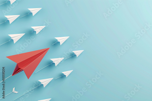 A red paper plane with a shadow of an arrow, pointing forward, leading white planes across a gradient blue sky 