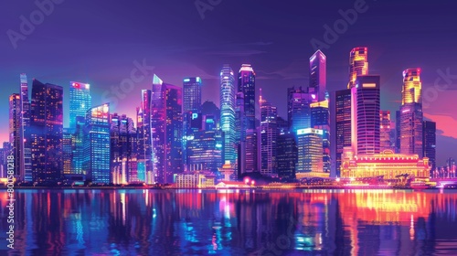 A vibrant city skyline with skyscrapers lit up in celebration of a festive occasion  showcasing the spirit and vitality of urban culture and life.
