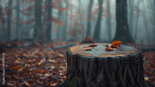 a stump, seeped in moisture, adorned with a smattering of orange leaves and dirt, in a forest.   surrounding dry fallen leaves and bare trees. photo