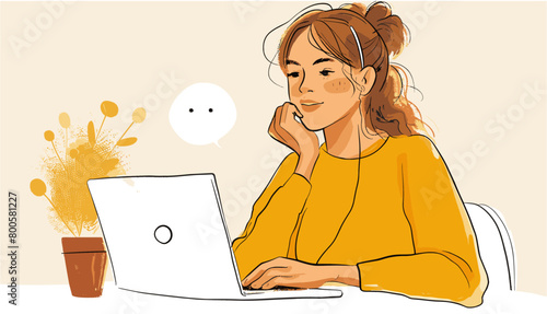 Cartoon style character. Hand drawn Vector illustration of a young happy lady sitting at table, using laptop, having a video call, receiving message. Working online, remote work, internet browsing 