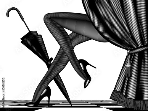 Women's legs in tights, high-heeled shoes and a folded umbrella on the checkerboard floor and behind the theater curtain. Fashion concept. Drawing in vintage black and white engraving style. Vector 