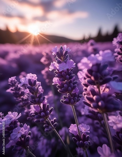 Macro photo of lavender at sunset in a purple field