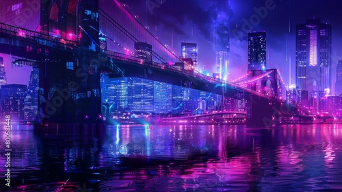 A vibrant cityscape at night with a bridge illuminated by neon lights, adding a dynamic element to the urban skyline and reflecting in the shimmering river below