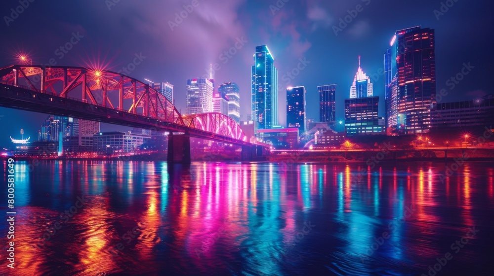 A vibrant cityscape at night with a bridge illuminated by neon lights, adding a dynamic element to the urban skyline and reflecting in the shimmering river below