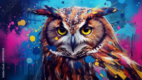 Painted animal with paint splash painting technique on colorful background owl. © hamad