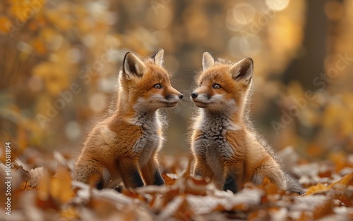Dark greenish photography of two little foxes playing
