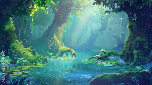 Enthralling image of a fantasy forest with a pair of glowing, magical deer by the waterside surrounded by lush foliage