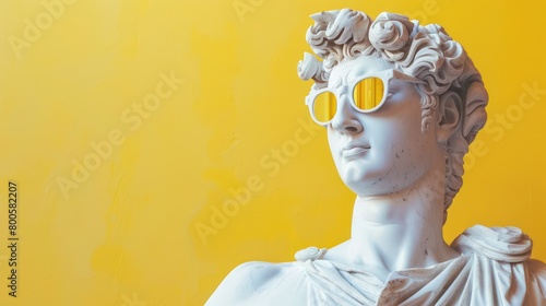A classical sculpture bust with detailed curls against a vibrant yellow background, modern meets antique vibes