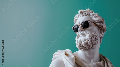 Greek marble statue adorned with stylish sunglasses, juxtaposing ancient art with modern fashion photo