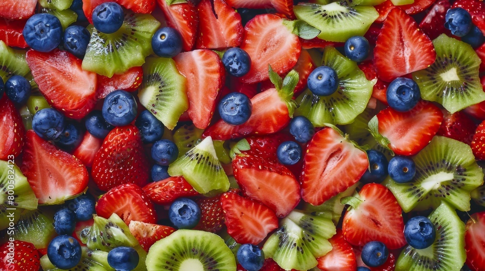 A vibrant fruit salad featuring a medley of strawberries, blueberries, and kiwi slices, bursting with color and flavor.