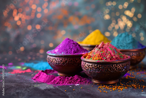 A serene background with bowls filled with colorful Holi powder ready for the celebration of the festival of colors no people   © Tohamina
