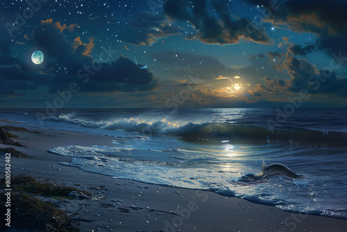 A serene beach scene with mermaids basking in the moonlight 