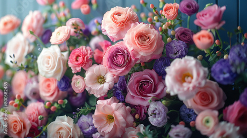 A vibrant display of bouquets featuring delicate lisianthus blooms in shades of pink, purple, and white