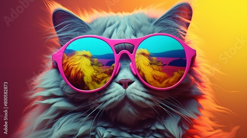 Persian cat with a pair of stylish glasses. The bright and vivid palette adds a sense of playfulness to the artwork, and the cat's confident posture and the whimsical glasses convey a sense of charm photo