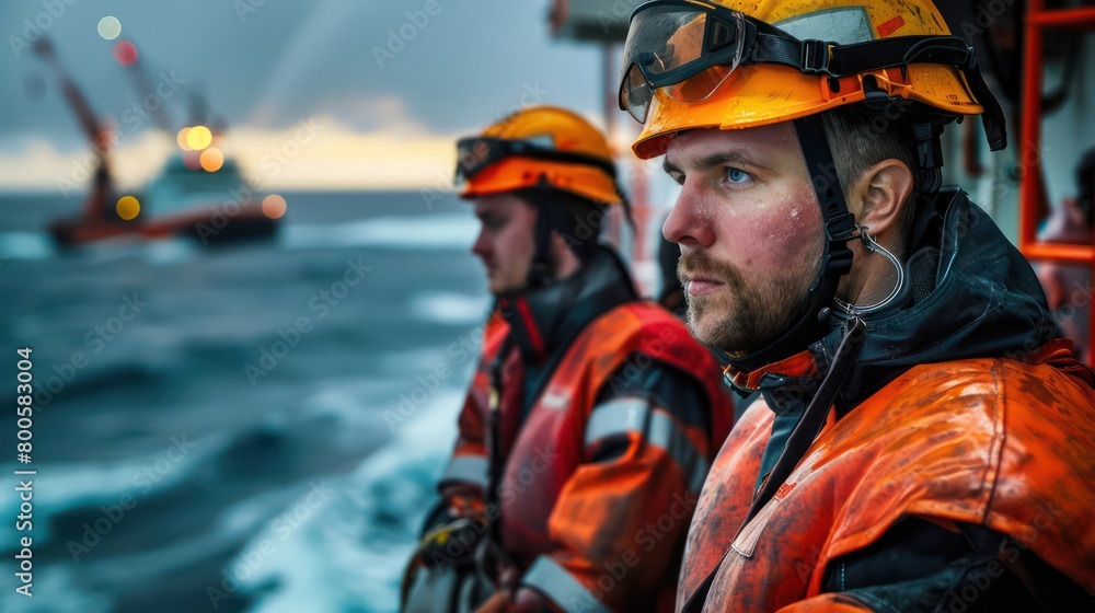 Two maritime professionals in high-visibility gear stand on a ship deck, the ocean and off-shore structures in the backdrop Two maritime professionals in high-visibility gear stand on a ship deck, the ocean and off-shore structures in the backdrop