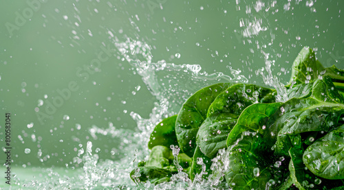 Fresh green spinach floating in water. A concept of vegetarian lifestyle and vegetarian diet