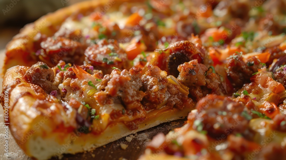 A close-up image capturing the gooey cheese, ground meat, and fresh toppings on a just-baked pizza, perfect for foodies A close-up image capturing the gooey cheese, ground meat, and fresh toppings on a just-baked pizza, perfect for foodies