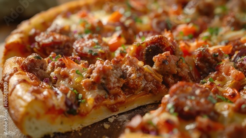 A close-up image capturing the gooey cheese, ground meat, and fresh toppings on a just-baked pizza, perfect for foodies